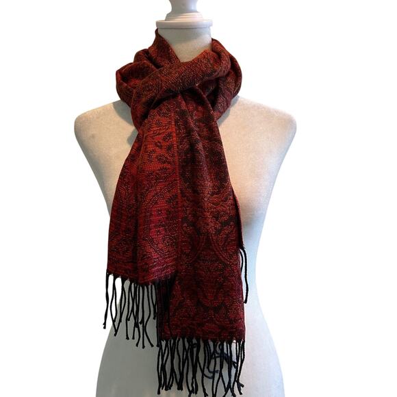 Cashmink Scarf Red Orange Multicolor Floral Tassel Hem Winter Accessories - Picture 1 of 7